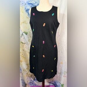Chic Black Mini Dress with Multicolor Flip Flop embroidered Accents zipper Linen